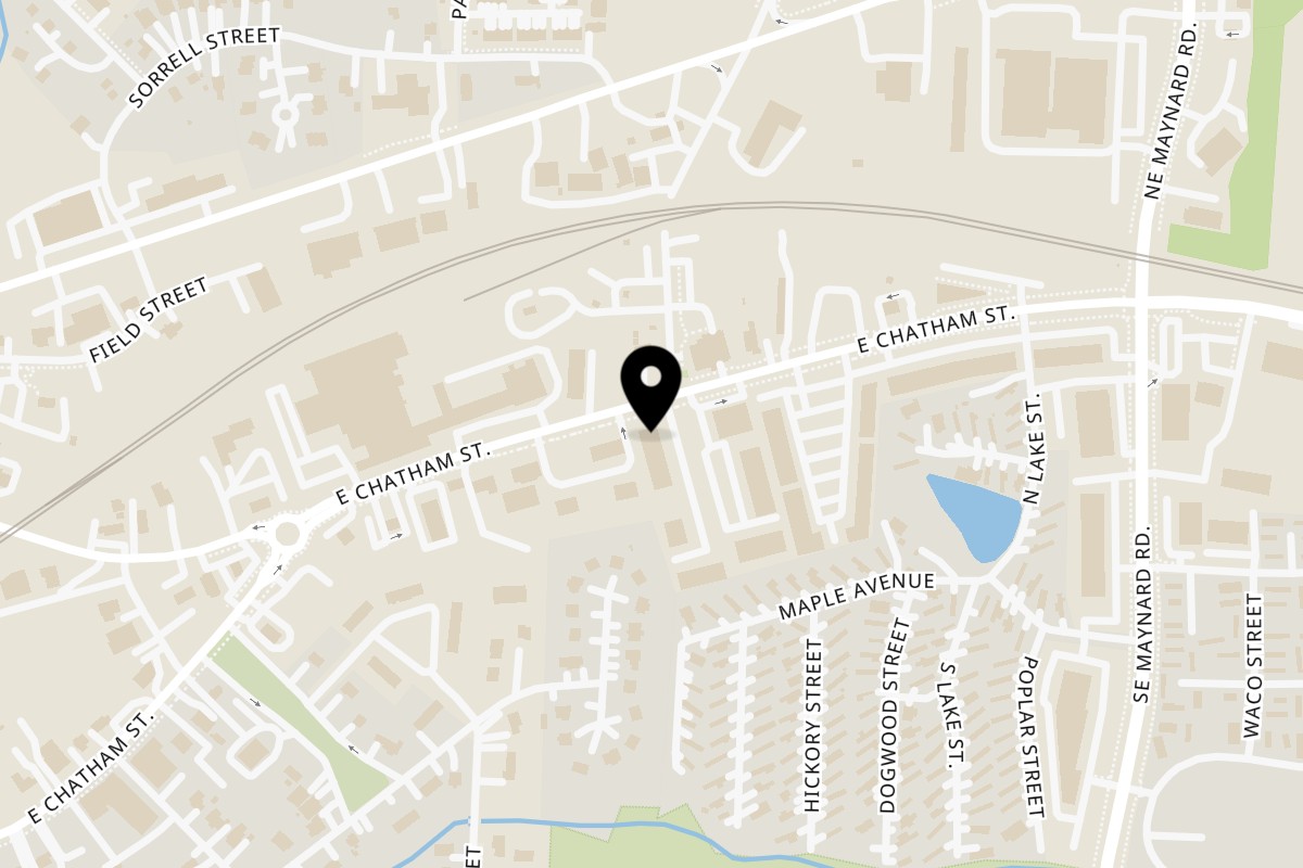 Map showing the location of Biryani Maxx Indian Cuisine on 590 E Chatham St STE 102 in Cary
